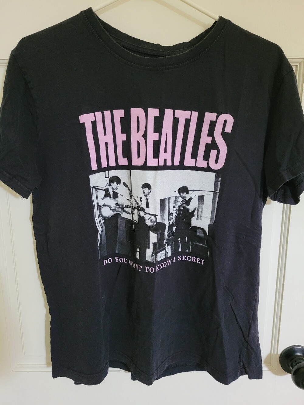 The Beatles Black Tee with Pink Logo and Photo Graphic